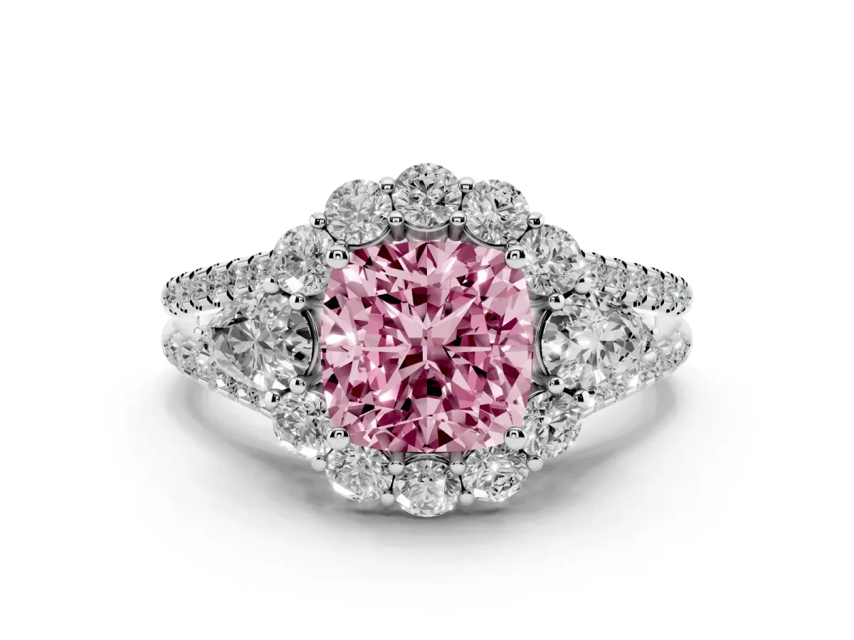 Fancy Pink Cushion Cut Halo Split Shank Diamond Engagement Ring with Prong Setting Platinum