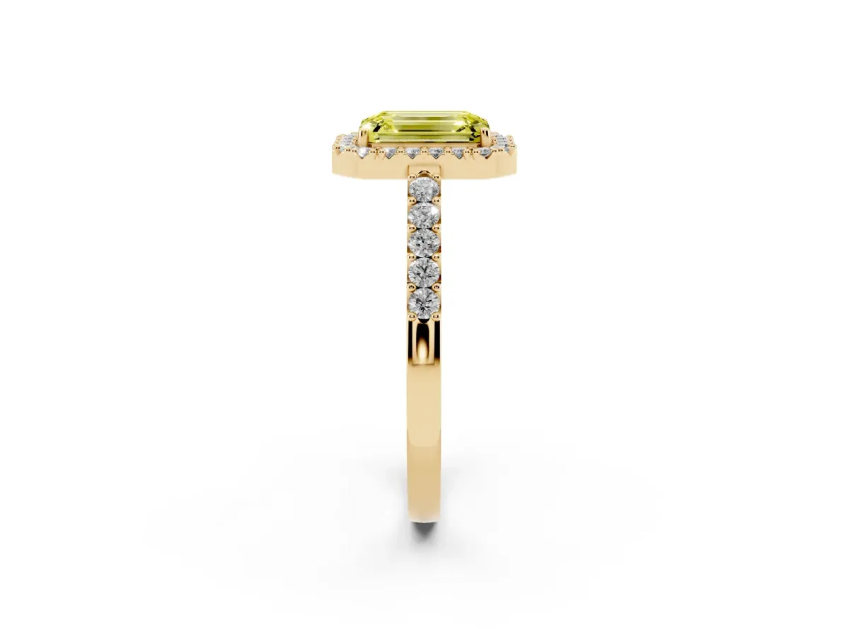 Fancy Yellow Emerald Cut Halo Diamond Pavé Solitaire Ring Yellow gold