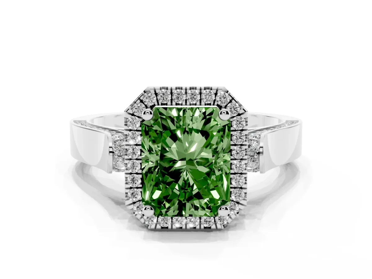 Fancy Green Radiant Cut Halo Pave Split Shank Prong Setting Ring Platinum