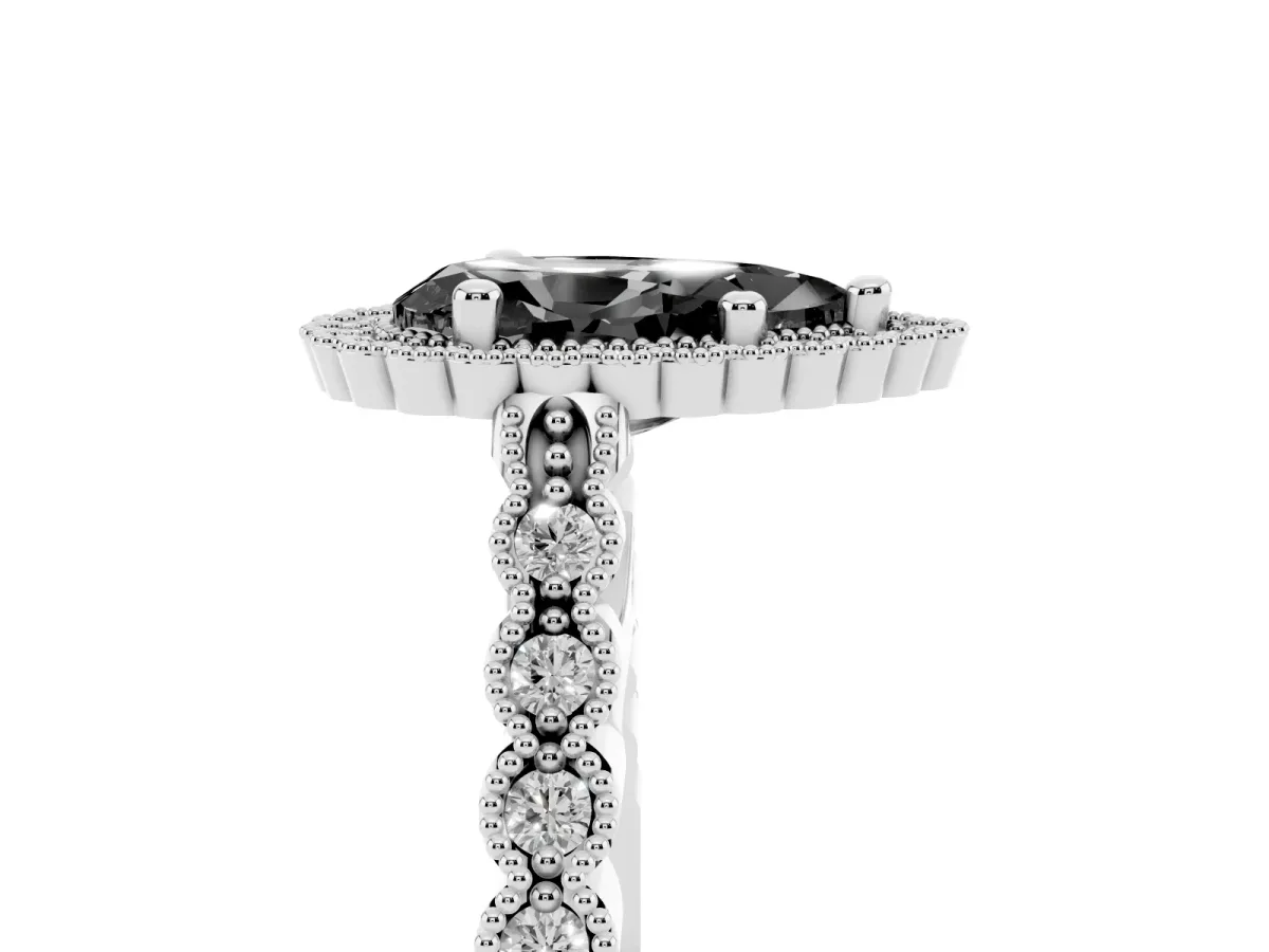 Fancy Black Pear Cut Cut Halo Pavé Solitaire Ring with Milgrain Band Platinum