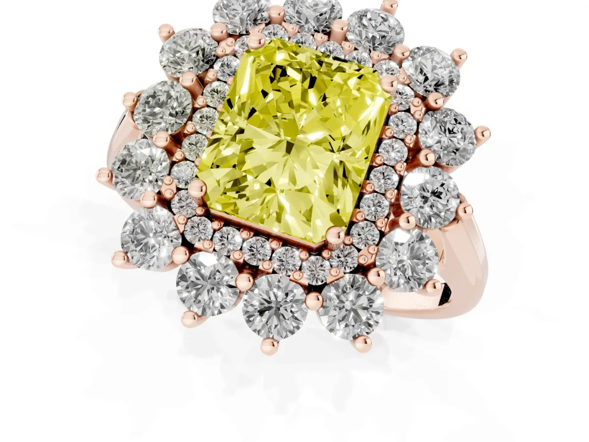 Fancy Yellow Radiant Cut Diamond Floral Double Halo Engagement Ring with Prong Setting Rose gold