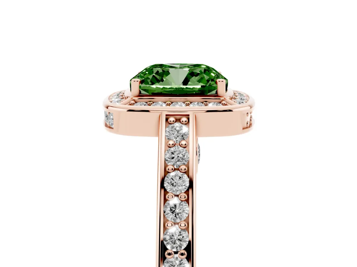 Fancy Green Cushion Cut Cut Halo Pave Split Shank Prong Setting Ring Rose gold