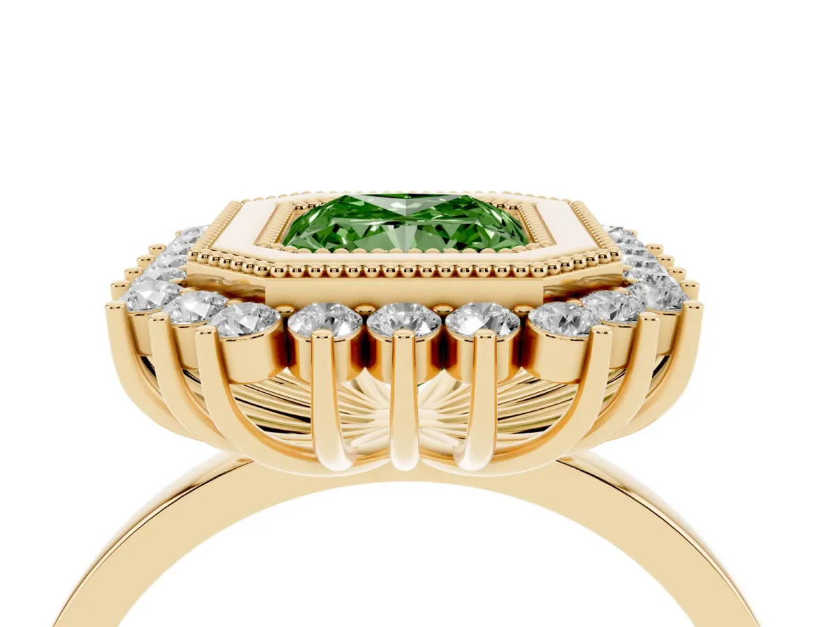 Fancy Green Radiant Cut Halo Diamond Ring with Milgrain Edge and Round Prong Setting Yellow gold