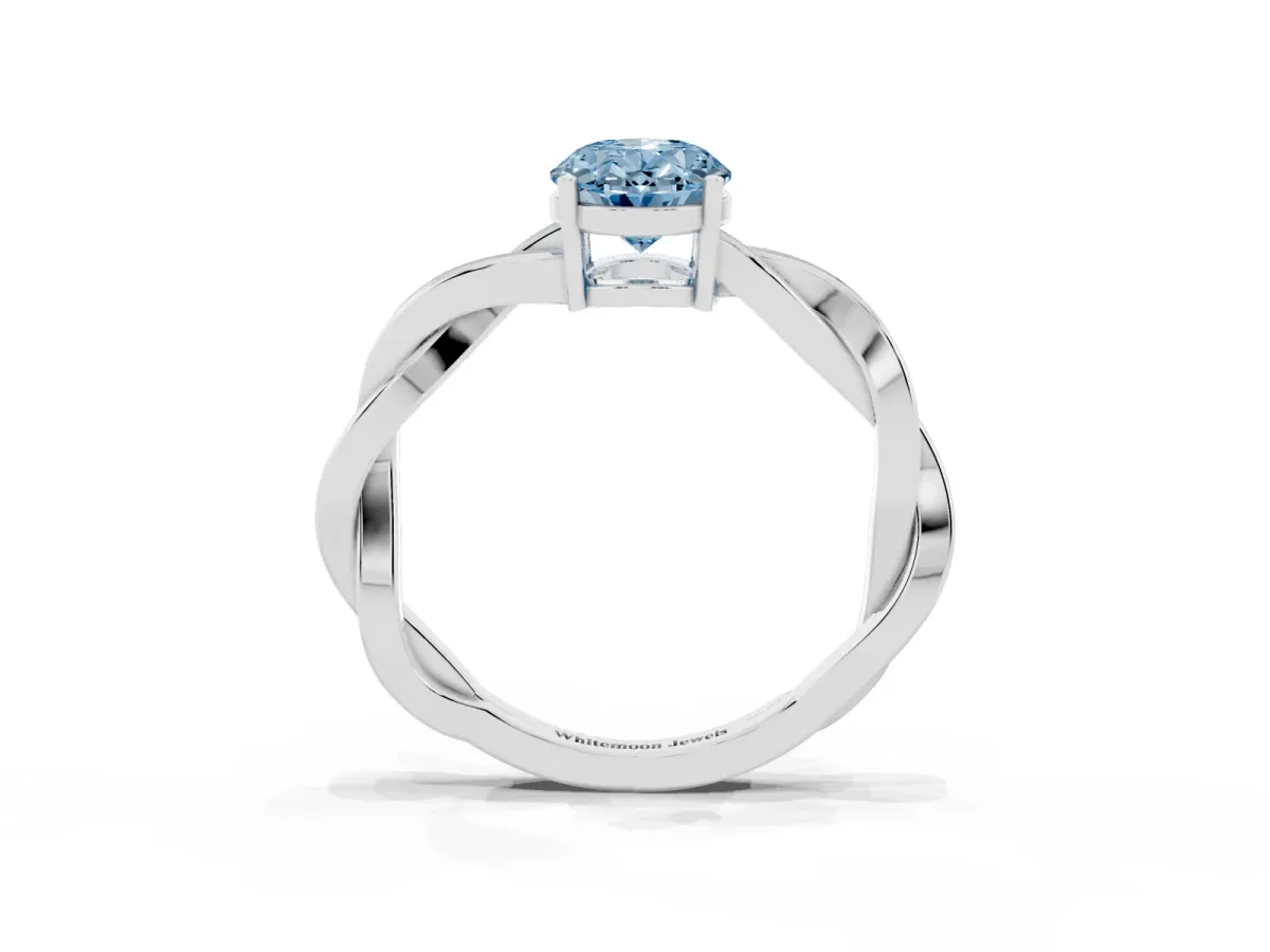 Fancy Blue Oval Cut Solitaire Twisted Pave Diamond Ring with Four-Prong Setting Platinum