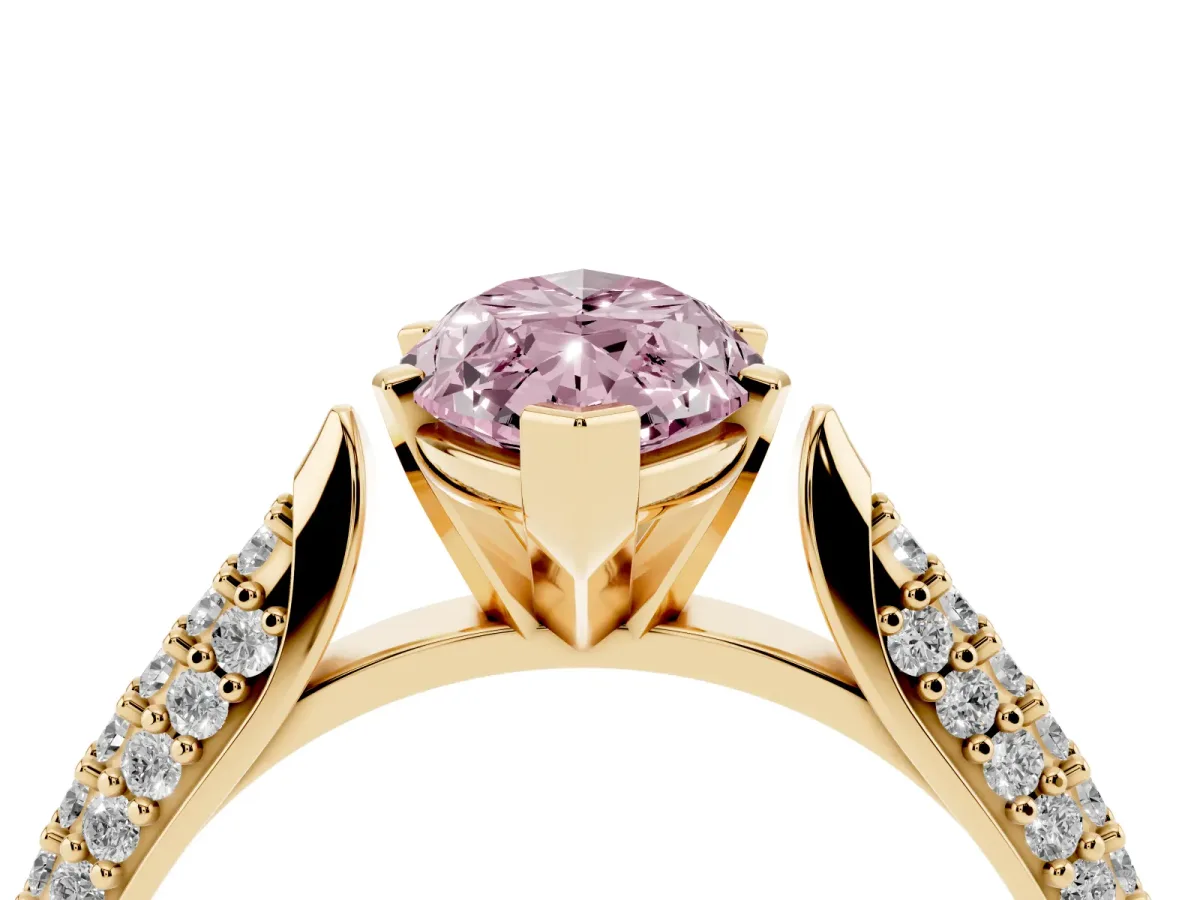 Fancy Pink Marquise Cut Diamond Solitaire Engagement Ring with Multi-Row Round Pavé Band and Prong Setting Yellow gold