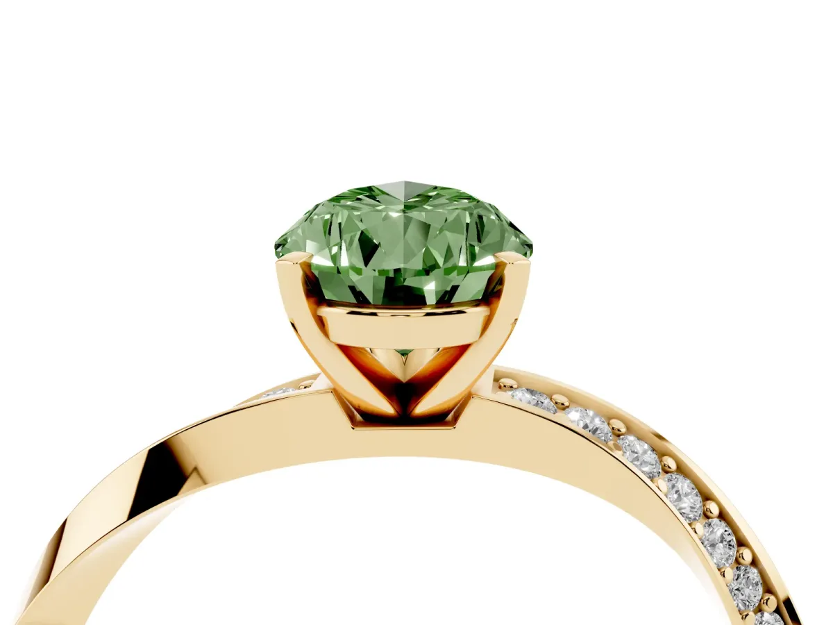 Fancy Green Pear Cut Diamond Engagement Ring with Side Stone Accents and Four-Prong Setting Yellow gold