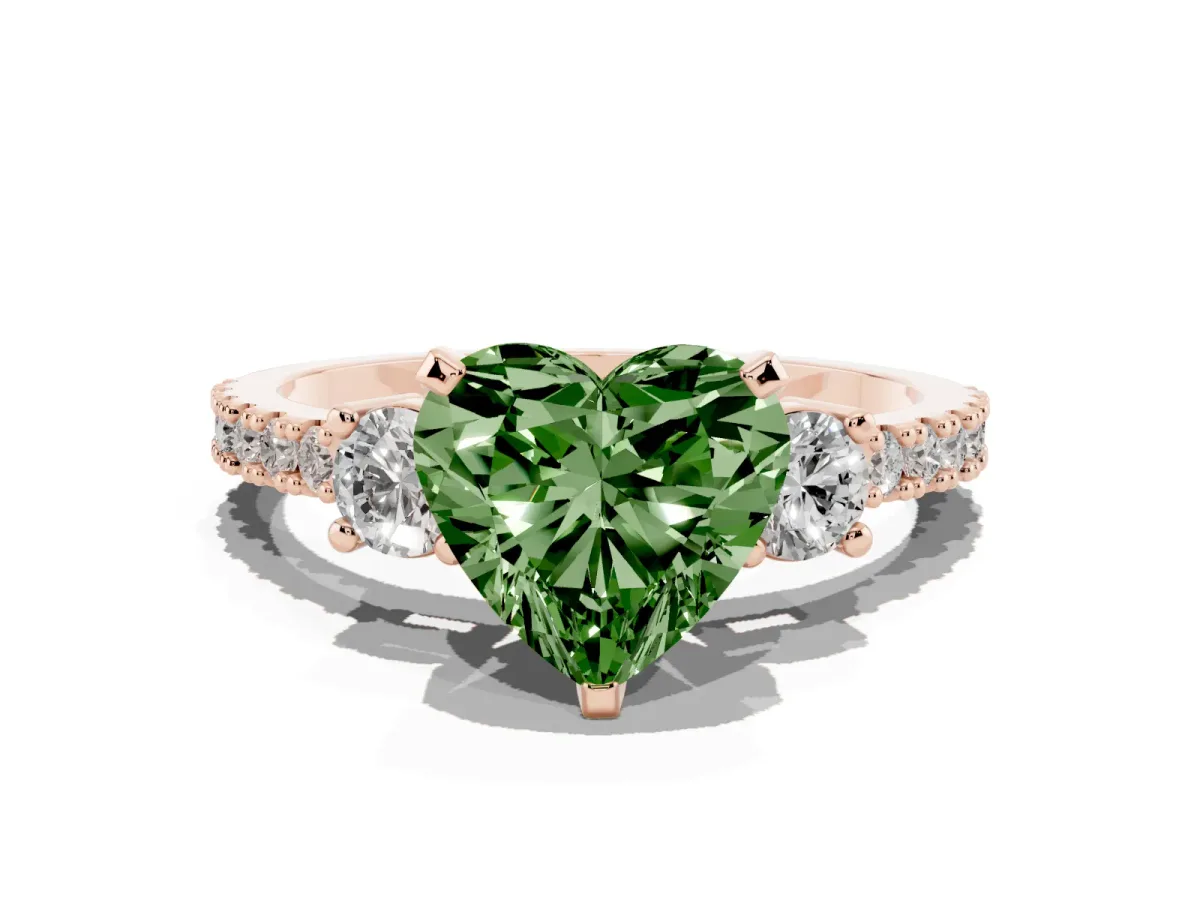 Fancy Green Heart Cut Three-Stone Diamond Pavé Band with Prong Setting Rose gold