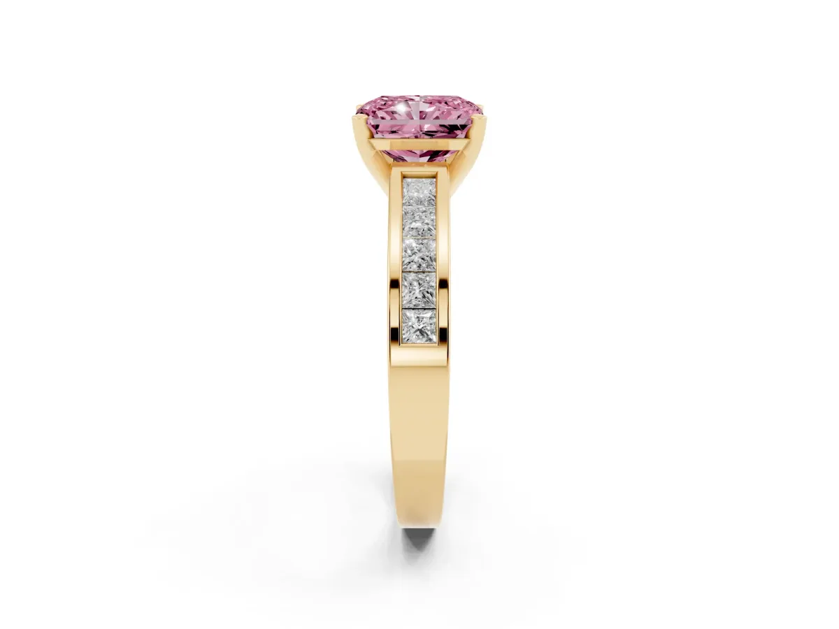 Fancy Pink Radiant Cut Solitaire Diamond Ring with Channel-Set Band and Four-Prong Setting Yellow gold