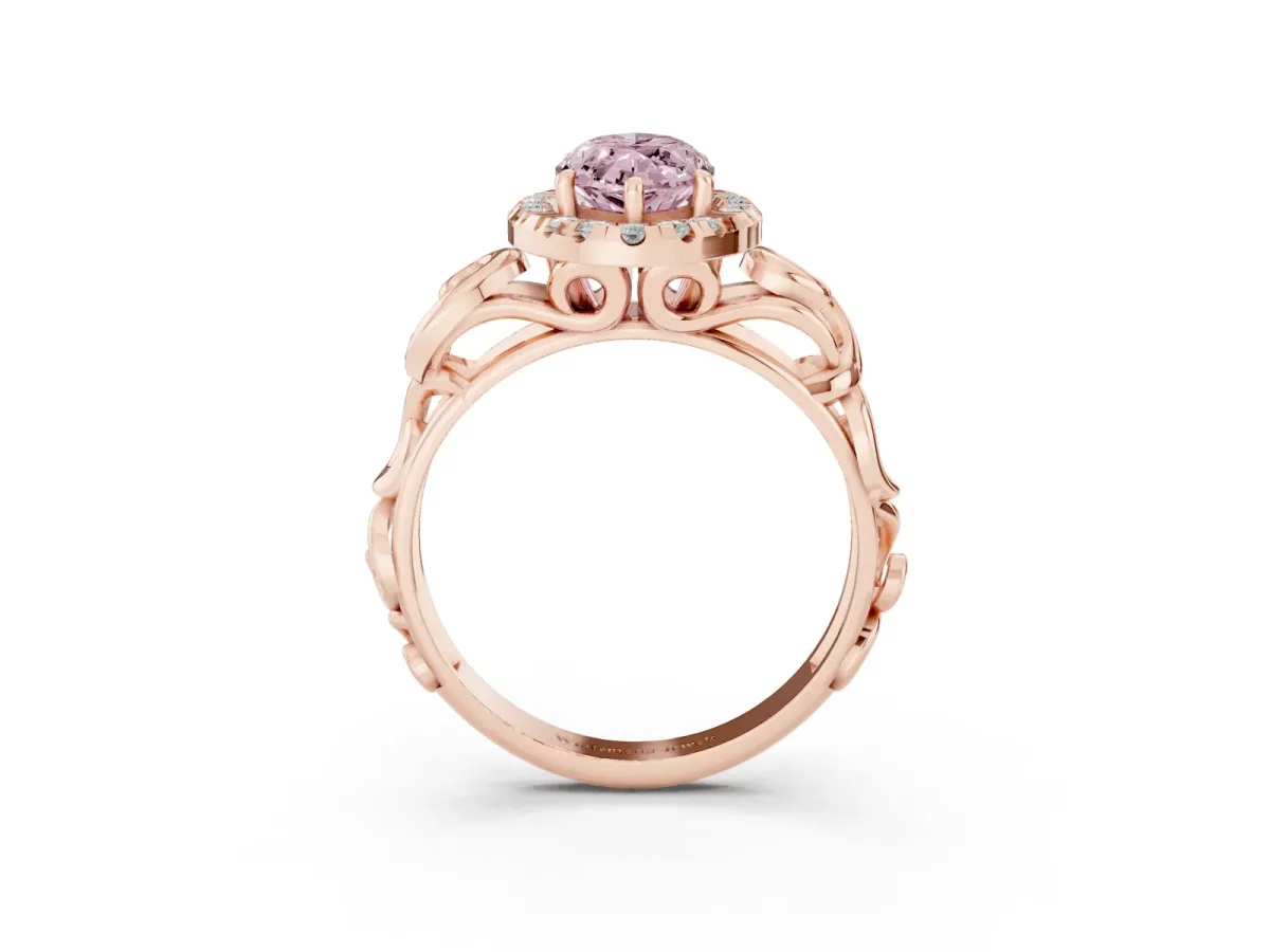 Fancy Pink Marquise Cut Cut Halo Diamond Ring with Scrollwork Band and Four-Prong Setting Rose gold