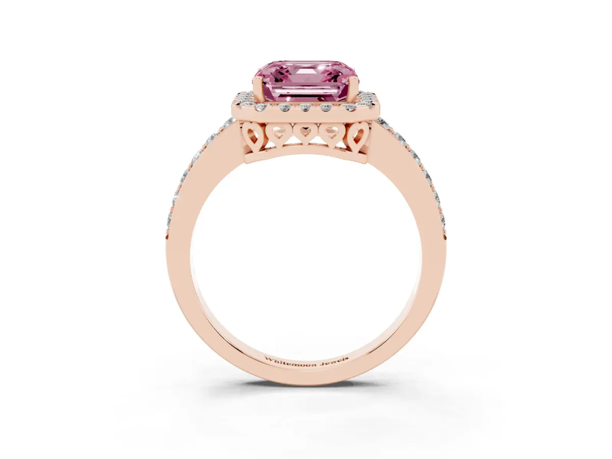 Fancy Pink Asscher Cut Halo Diamond Pavé Band Ring with Prong Setting Rose gold