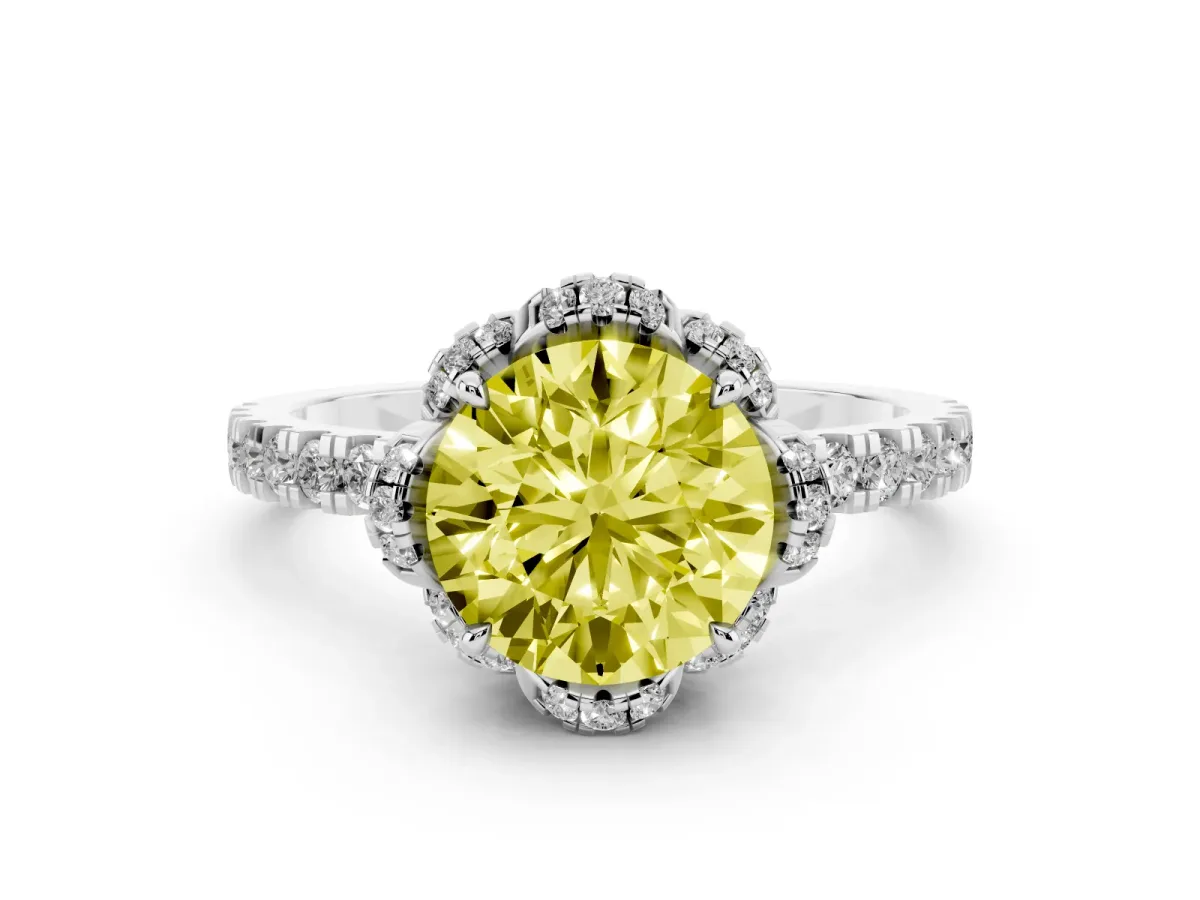 Fancy Yellow Round Cut Diamond Halo Pave Band with Four-Prong Setting Silver