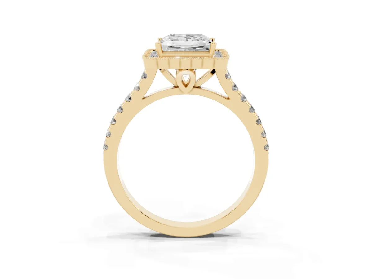 Princess Cut Cut Diamond Milgrain Floral Halo Engagement Ring with Pavé Band Yellow gold