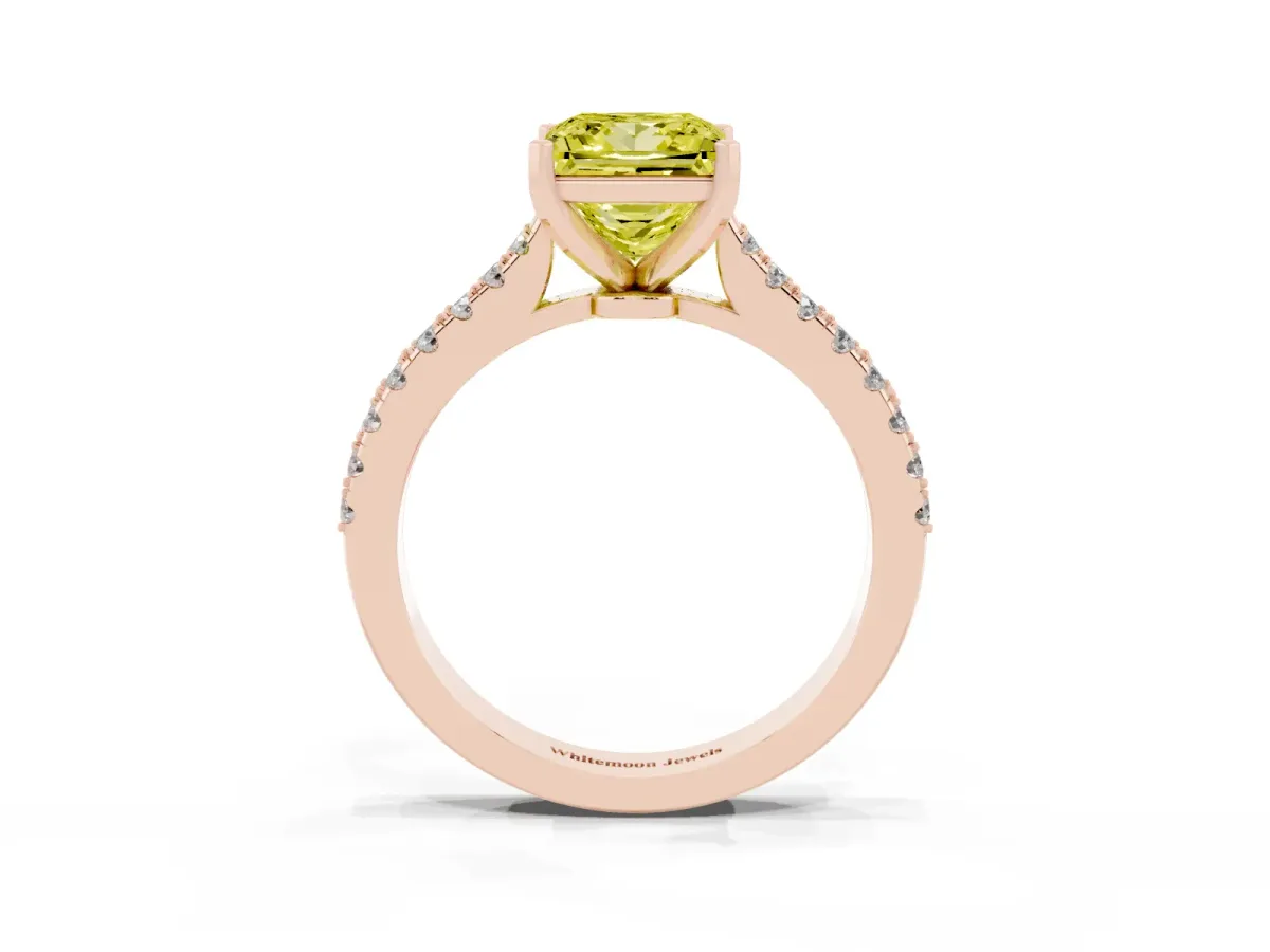 Fancy Yellow Princess Cut Cut Solitaire Diamond Engagement Ring with Pave Band and Four-Prong Setting Rose gold