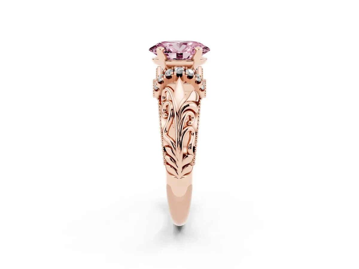 Fancy Pink Oval Cut Solitaire Filigree Engagement Ring with Halo and Prong Setting Rose gold