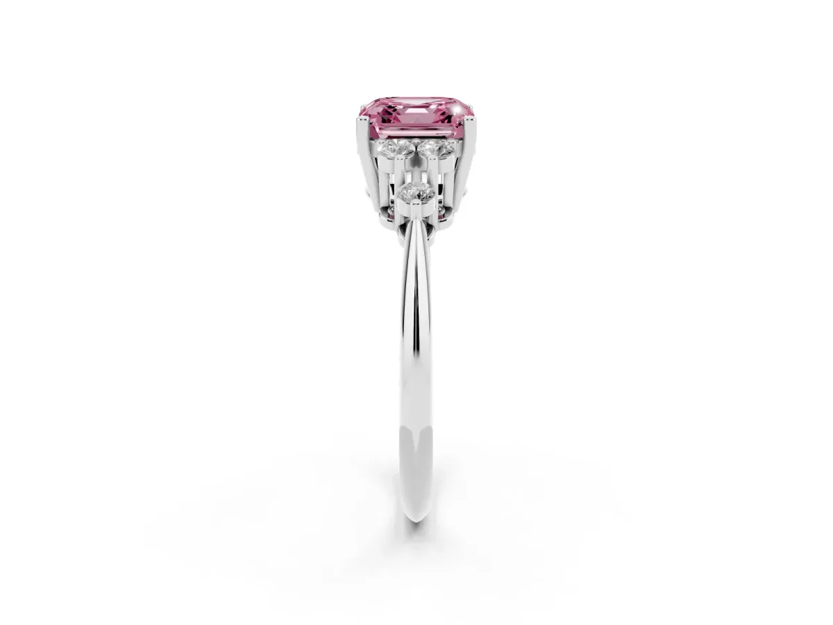 Fancy Pink Asscher Cut Cut Diamond Cluster Ring with Solitaire Band and Four-Prong Setting Silver