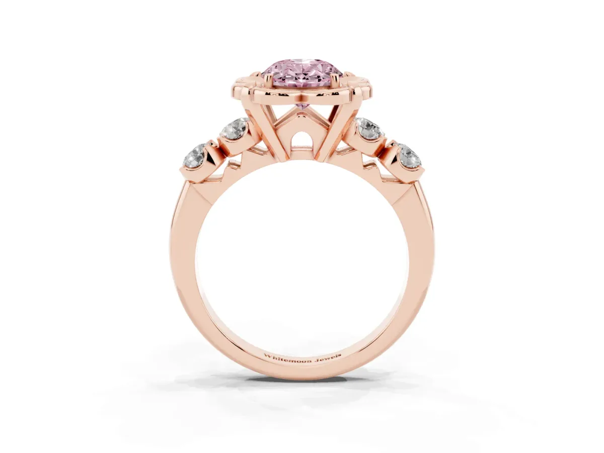 Fancy Pink Oval Cut Cut Diamond Floral Halo Engagement Ring with Shared Prong Setting Rose gold