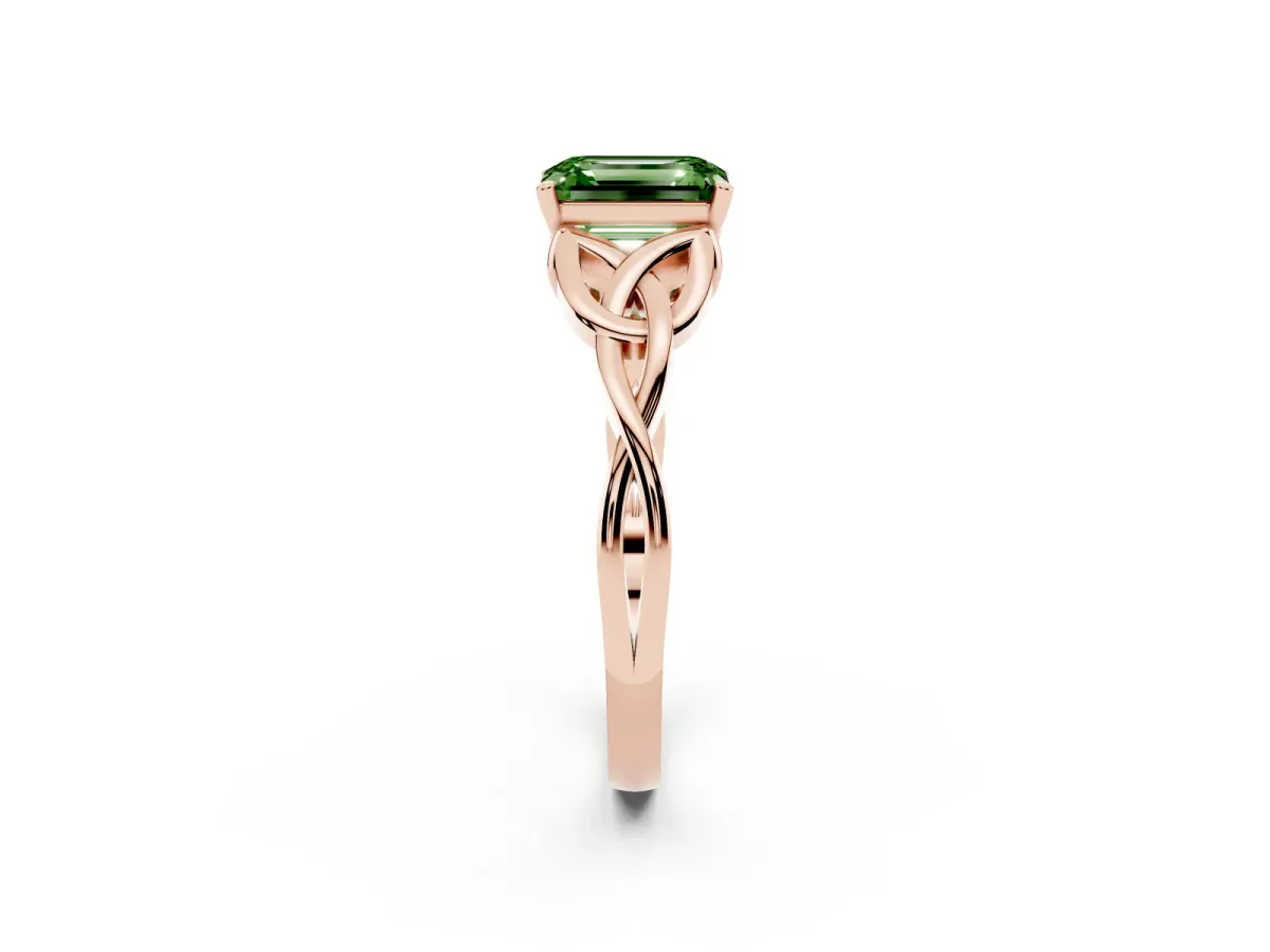 Fancy Green Emerald Cut Diamond Solitaire Engagement Ring with Celtic Knot Band and Four-Prong Setting Rose gold