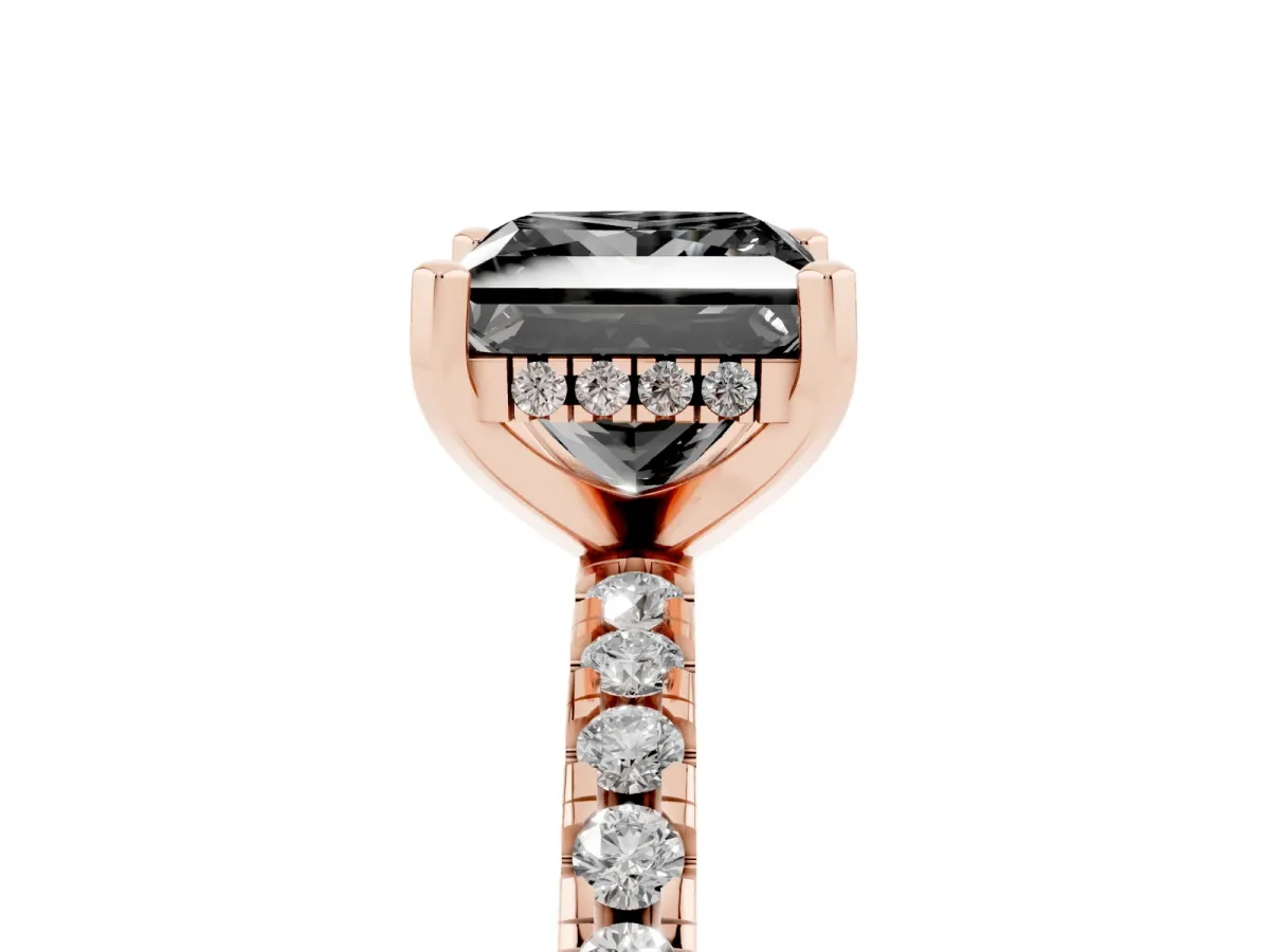 Fancy Black Princess Cut Diamond Solitaire Ring with Round Pavé Band and Four-Prong Setting Rose gold