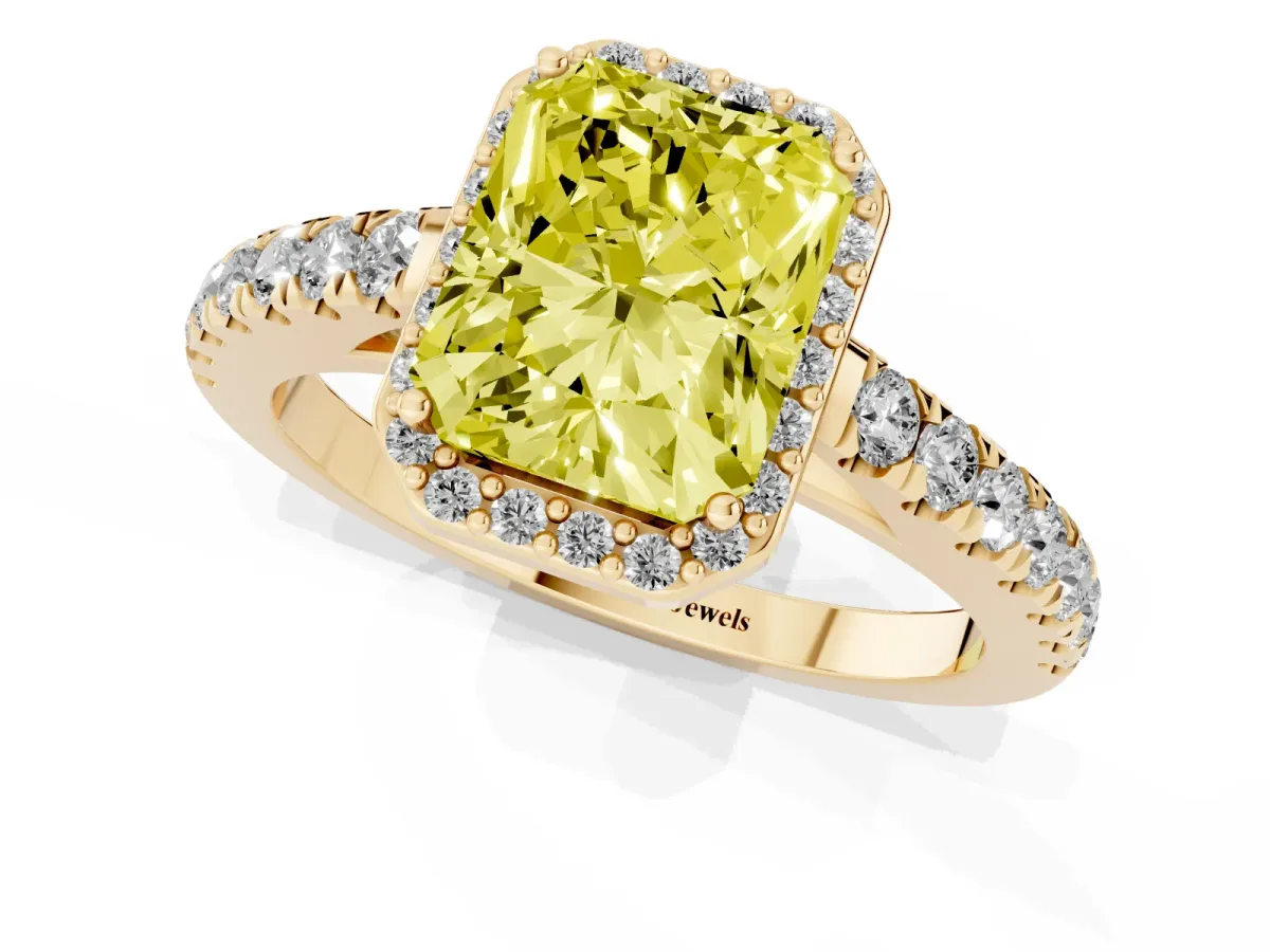 Fancy Yellow Radiant Cut Cut Halo Diamond Engagement Ring with Pave Band and Four-Prong Setting Yellow gold