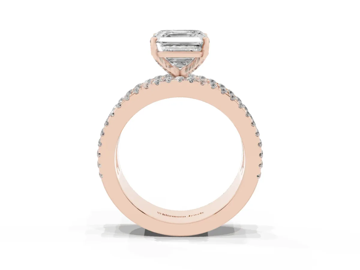 Asscher Cut Diamond Solitaire Ring with Pavé and Channel Set Band Rose gold