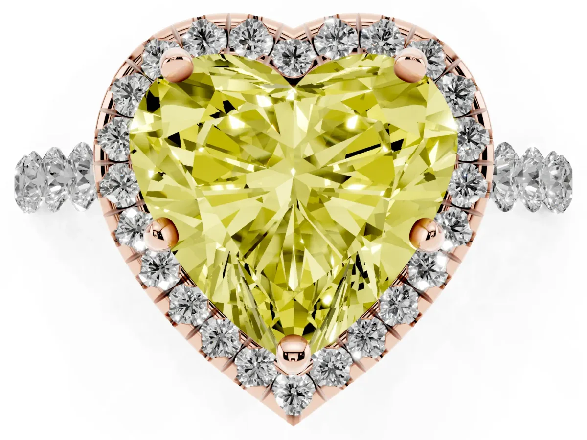 Fancy Yellow Heart Cut Halo Pavé Diamond Engagement Ring with Four-Prong Setting Rose gold