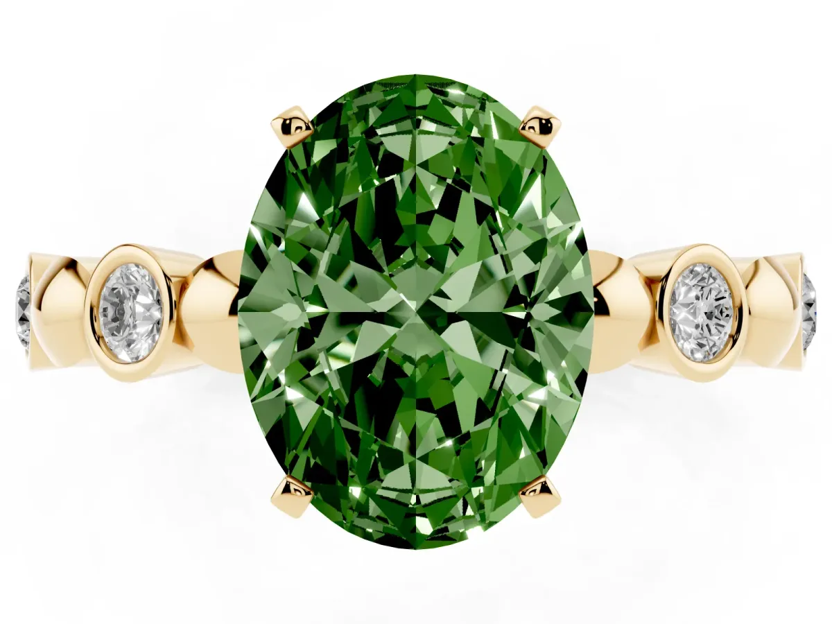 Fancy Green Oval Cut Solitaire Bezel-Set Diamond Ring with Beaded Band and Four-Prong Setting Yellow gold