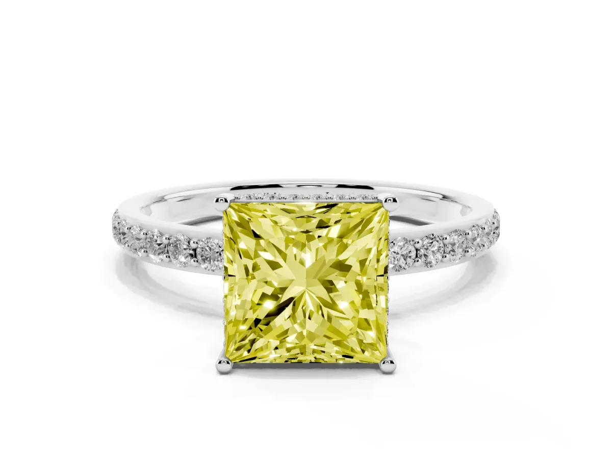 Fancy Yellow Princess Cut Diamond Solitaire Ring with Pavé Band and Hidden Halo Silver