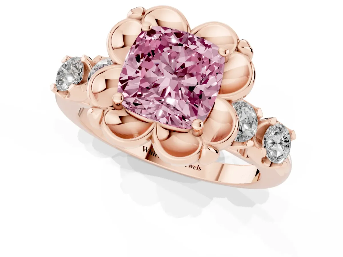 Fancy Pink Cushion Cut Cut Diamond Floral Halo Engagement Ring with Shared Prong Setting Rose gold