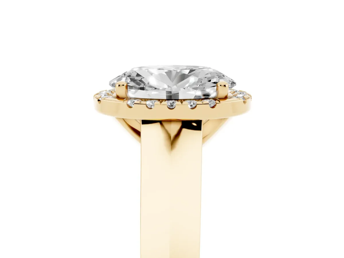 Oval Cut Halo Diamond Ring with Cathedral Band and Four-Prong Setting Yellow gold
