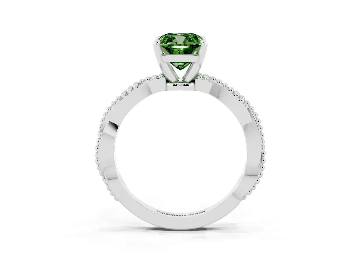 Fancy Green Cushion Cut Solitaire Twisted Band with Bead Prong Setting Silver