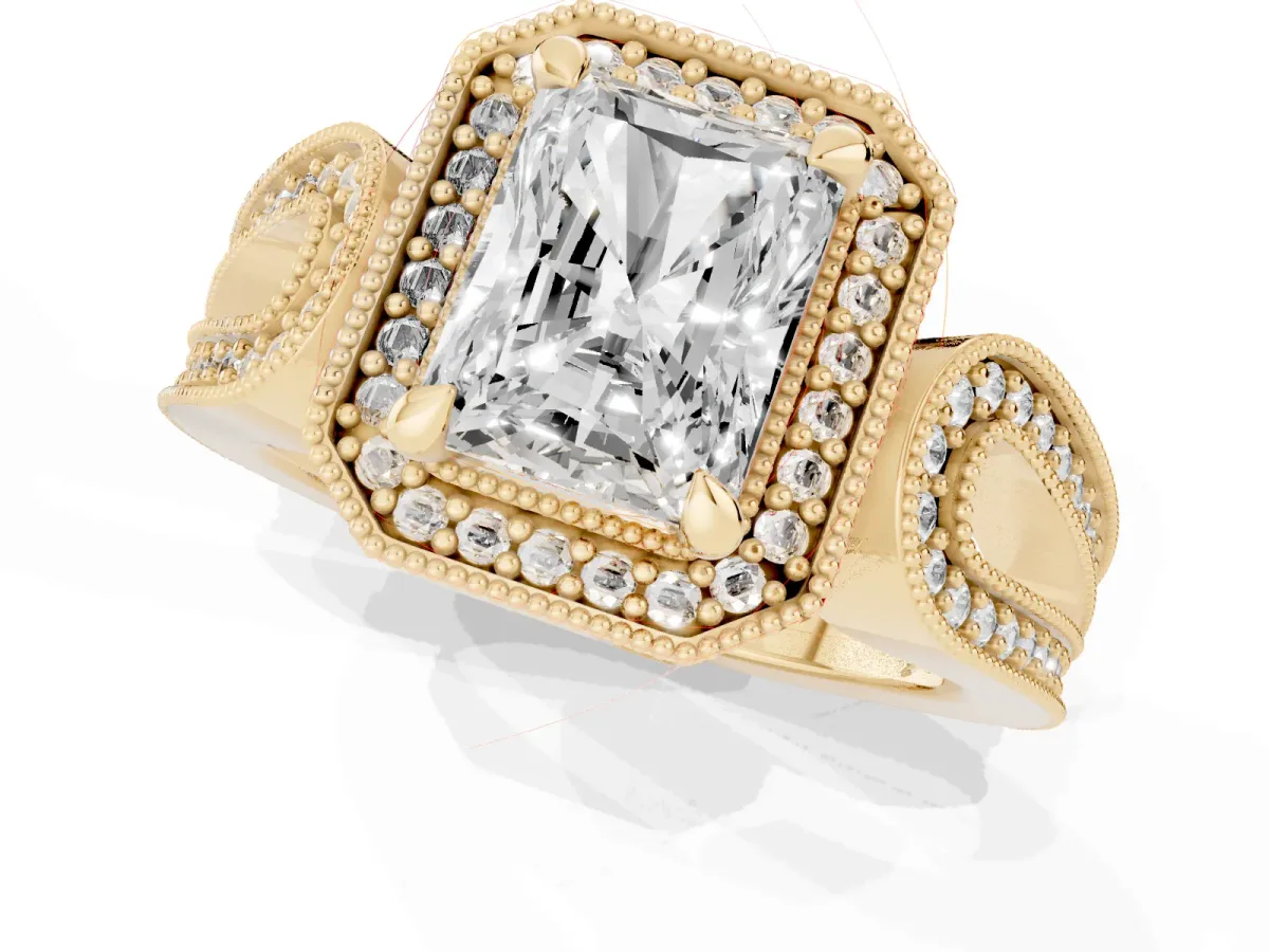 Radiant Cut Halo Split Shank Milgrain Diamond Ring Yellow gold