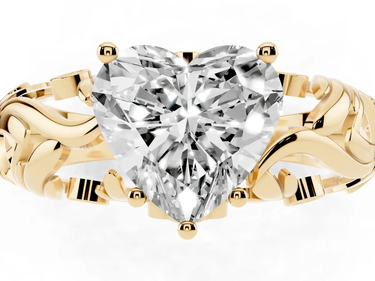 Heart Cut Solitaire Diamond Leaf-Inspired Vine Band Ring with Prong Setting Yellow gold