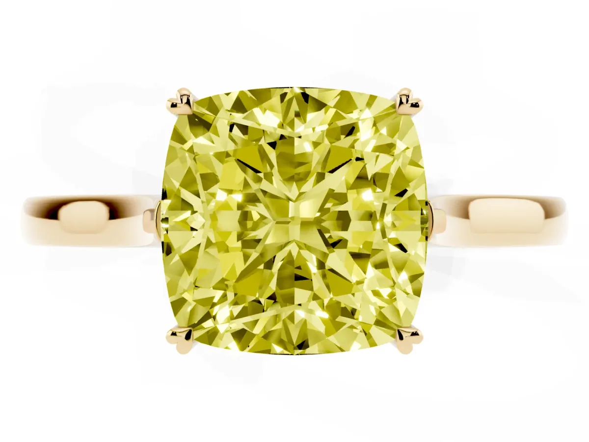 Fancy Yellow Cushion Cut Solitaire Heart Prong Engagement Ring with Tapered Band Yellow gold