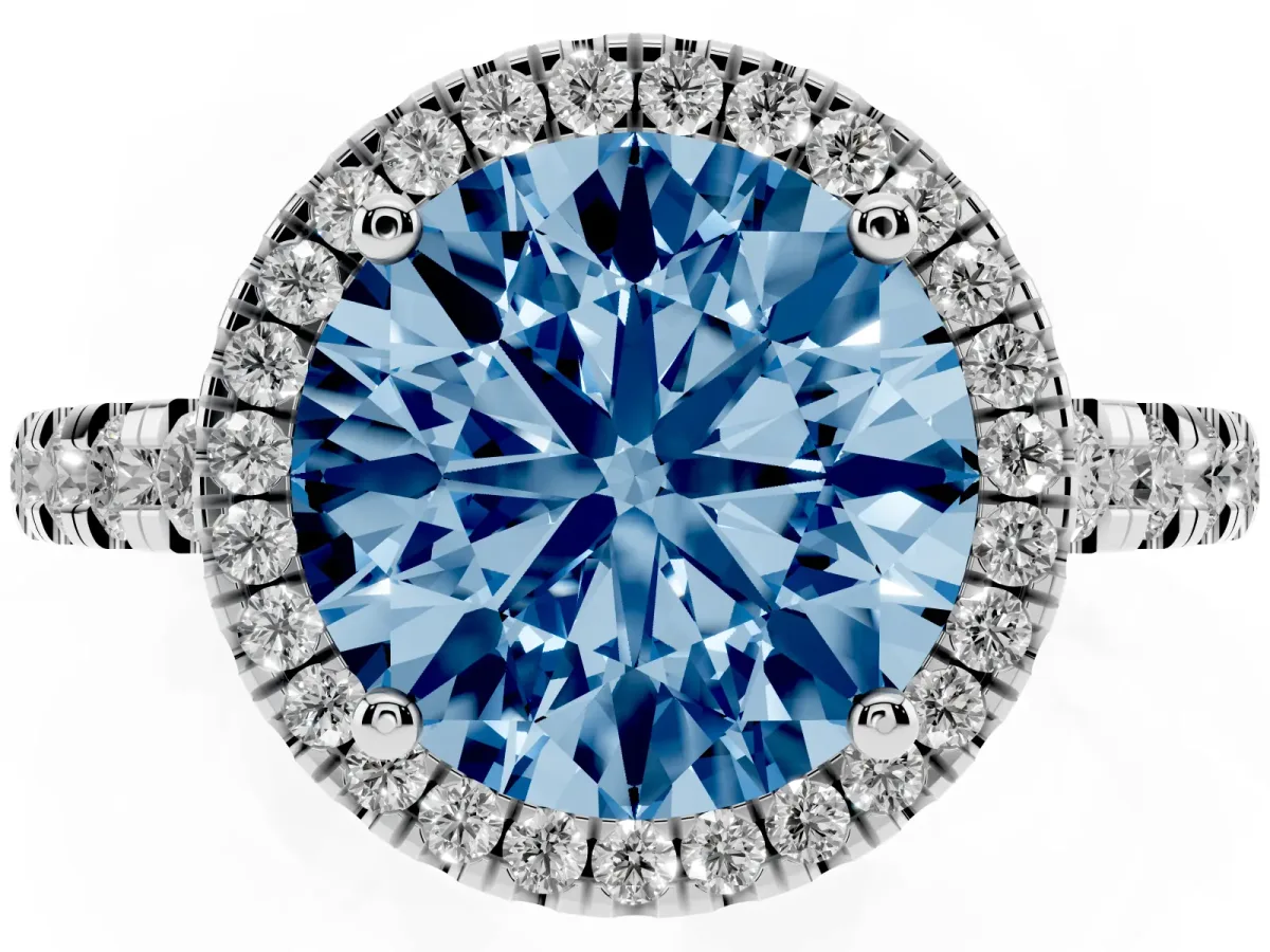 Fancy Blue Round Cut Diamond Halo Ring with Pavé Band and Four-Prong Setting Platinum