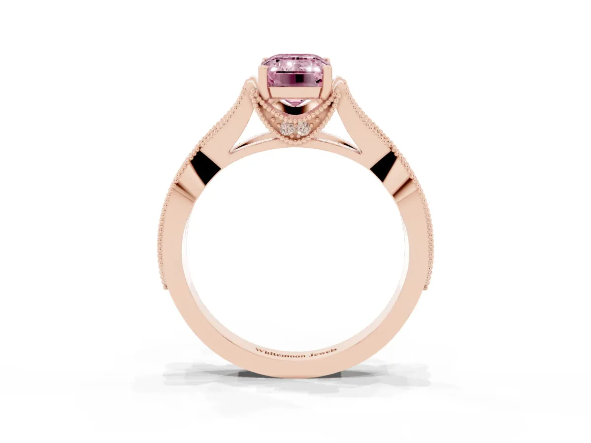 Fancy Pink Emerald Cut Cut Diamond Twisted Band with Milgrain Pave Setting and Four-Prong Setting Rose gold