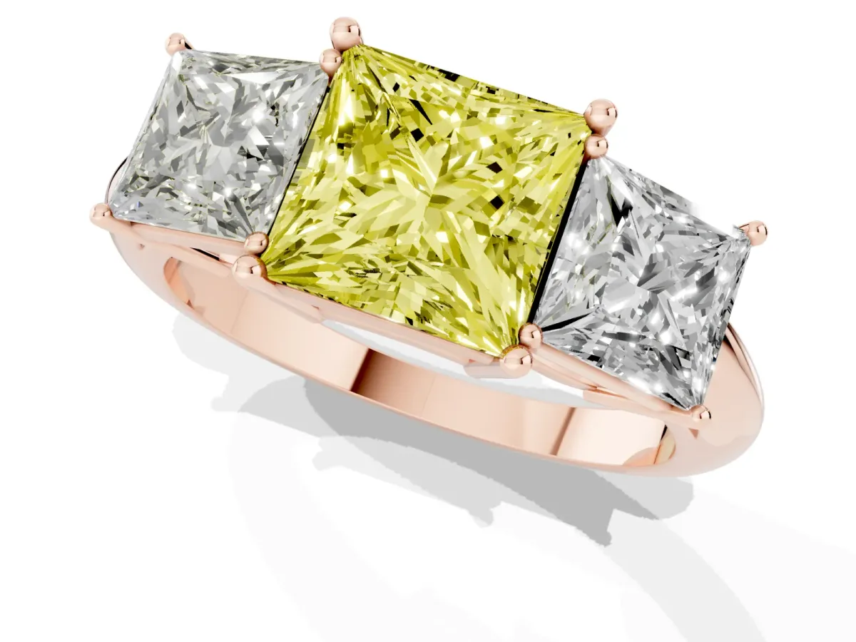 Fancy Yellow Three-Stone Princess Cut Cut Diamond Engagement Ring with Prong Setting on a White Gold Band Rose gold