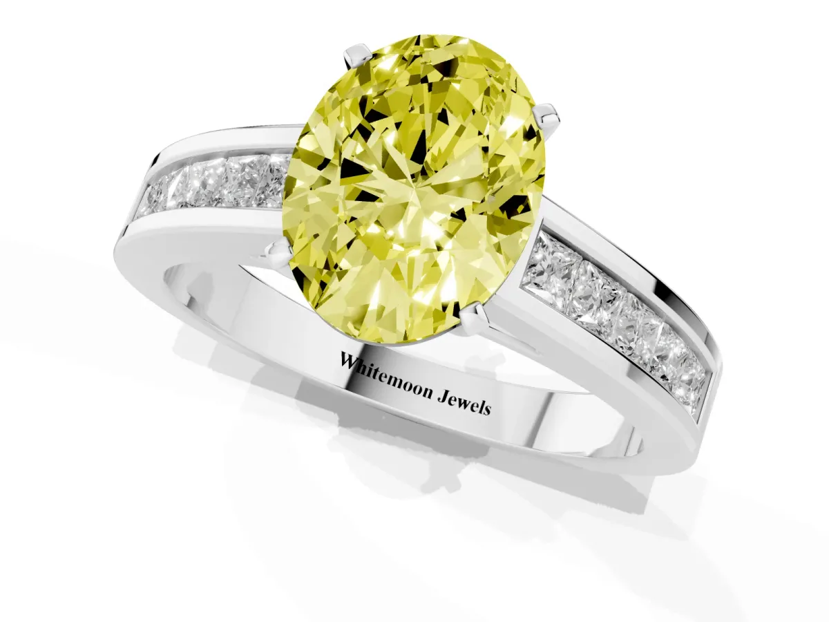 Fancy Yellow Oval Cut Solitaire Diamond Ring with Channel-Set Band and Four-Prong Setting Silver