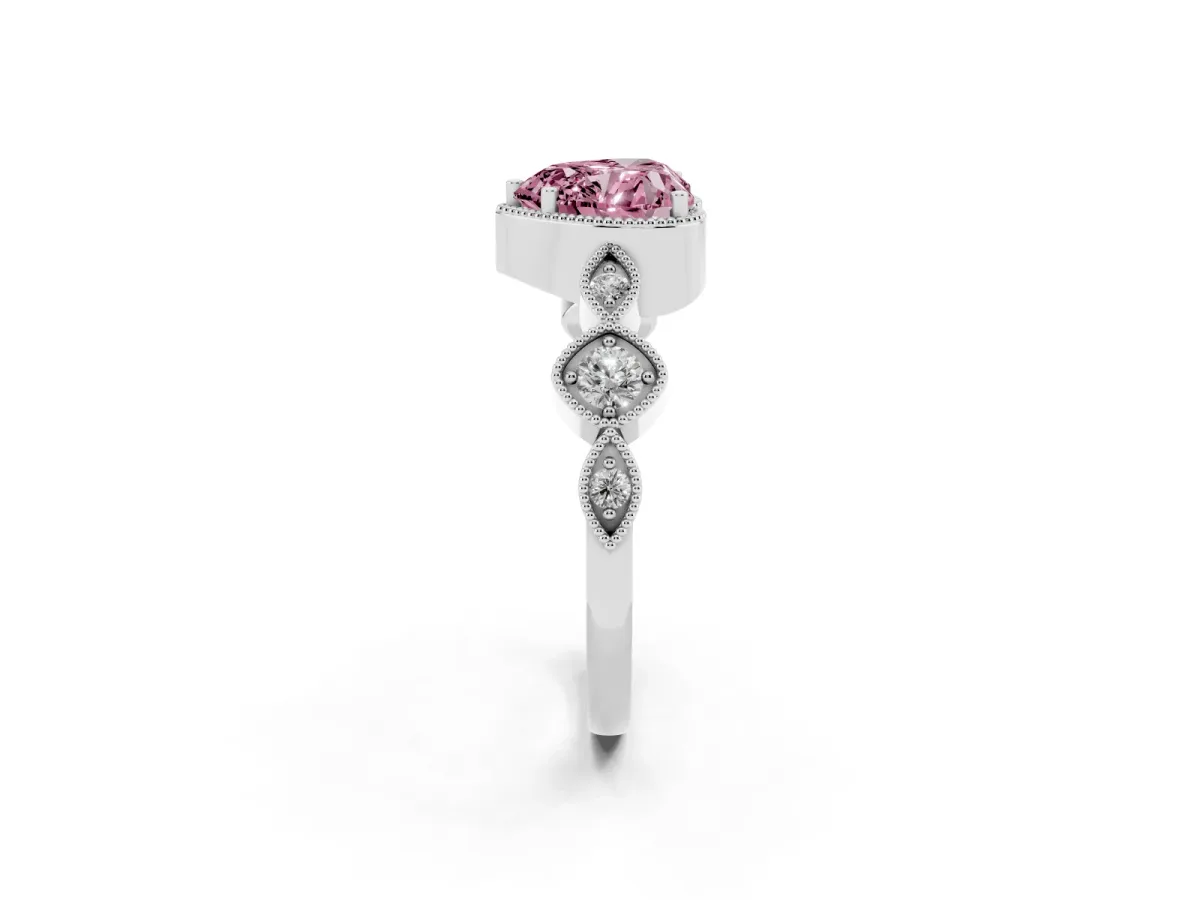Fancy Pink Heart Cut Diamond Vintage Milgrain Ring with Round Stations Silver
