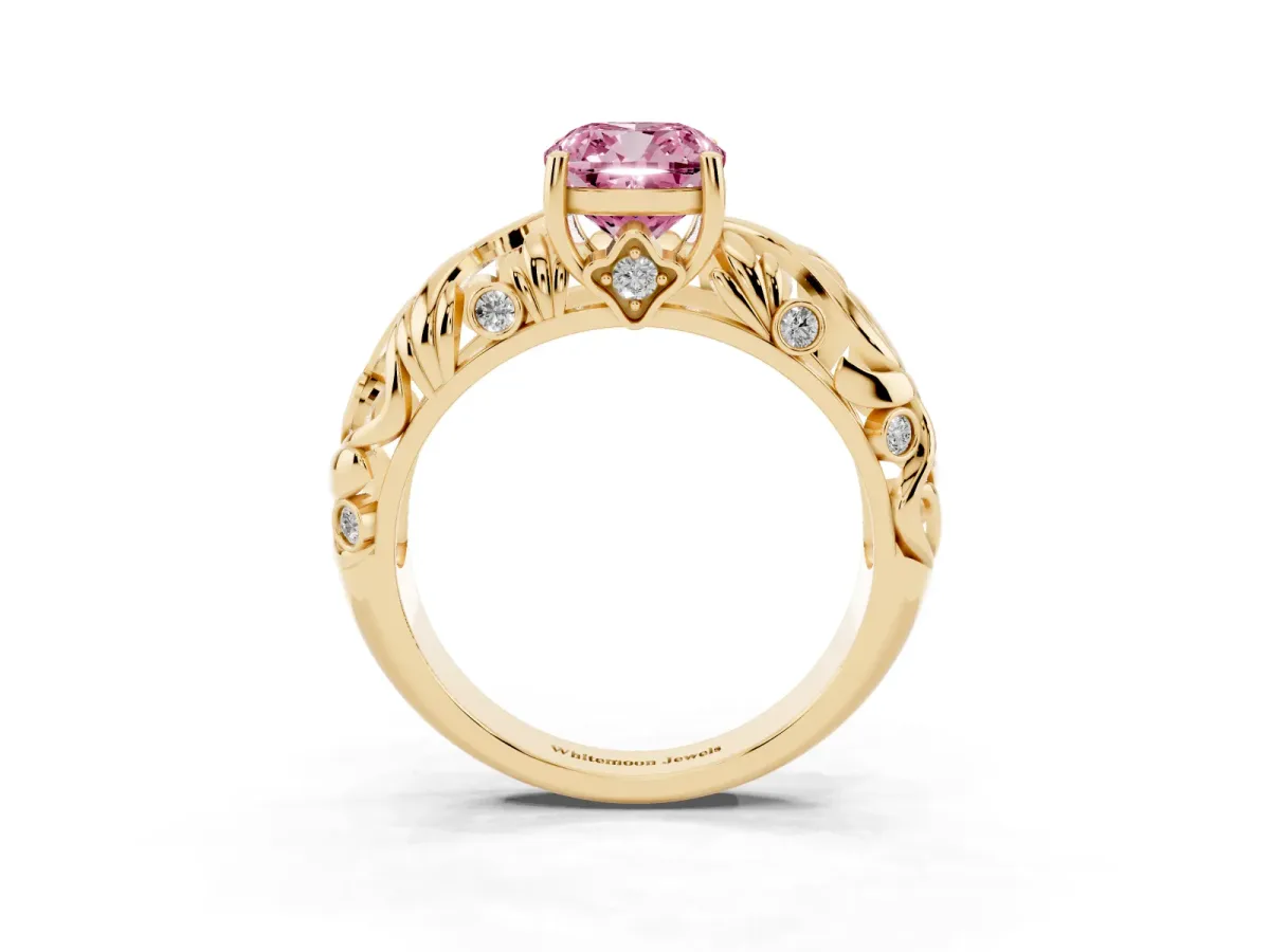 Fancy Pink Cushion Cut Solitaire Diamond Leaf-Inspired Vine Band Ring with Prong Setting Yellow gold