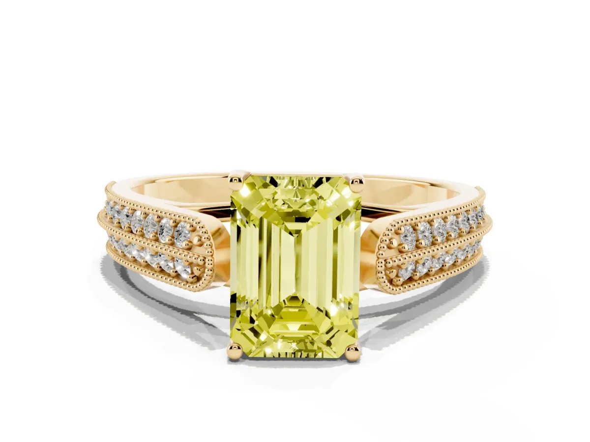 Fancy Yellow Emerald Cut Cut Pave Split Shank Engagement Ring with Four-Prong Setting Yellow gold