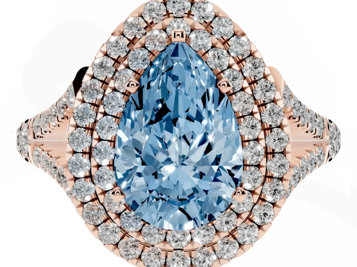 Fancy Blue Double Halo Pear Cut Diamond Split Shank Engagement Ring with Four-Prong Setting Rose gold