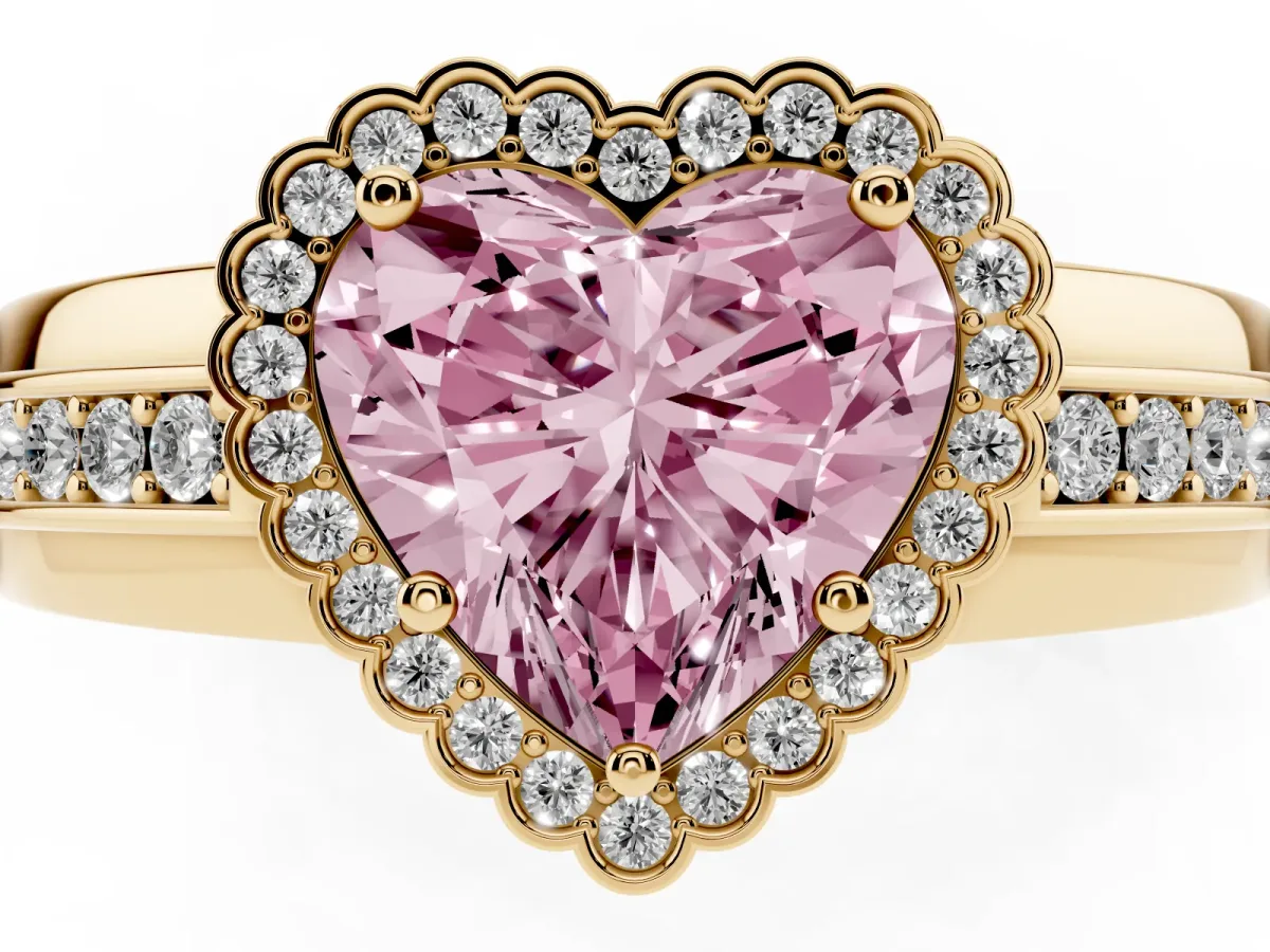 Fancy Pink Heart Cut Cut Halo Pave Band Four-Prong Ring Yellow gold