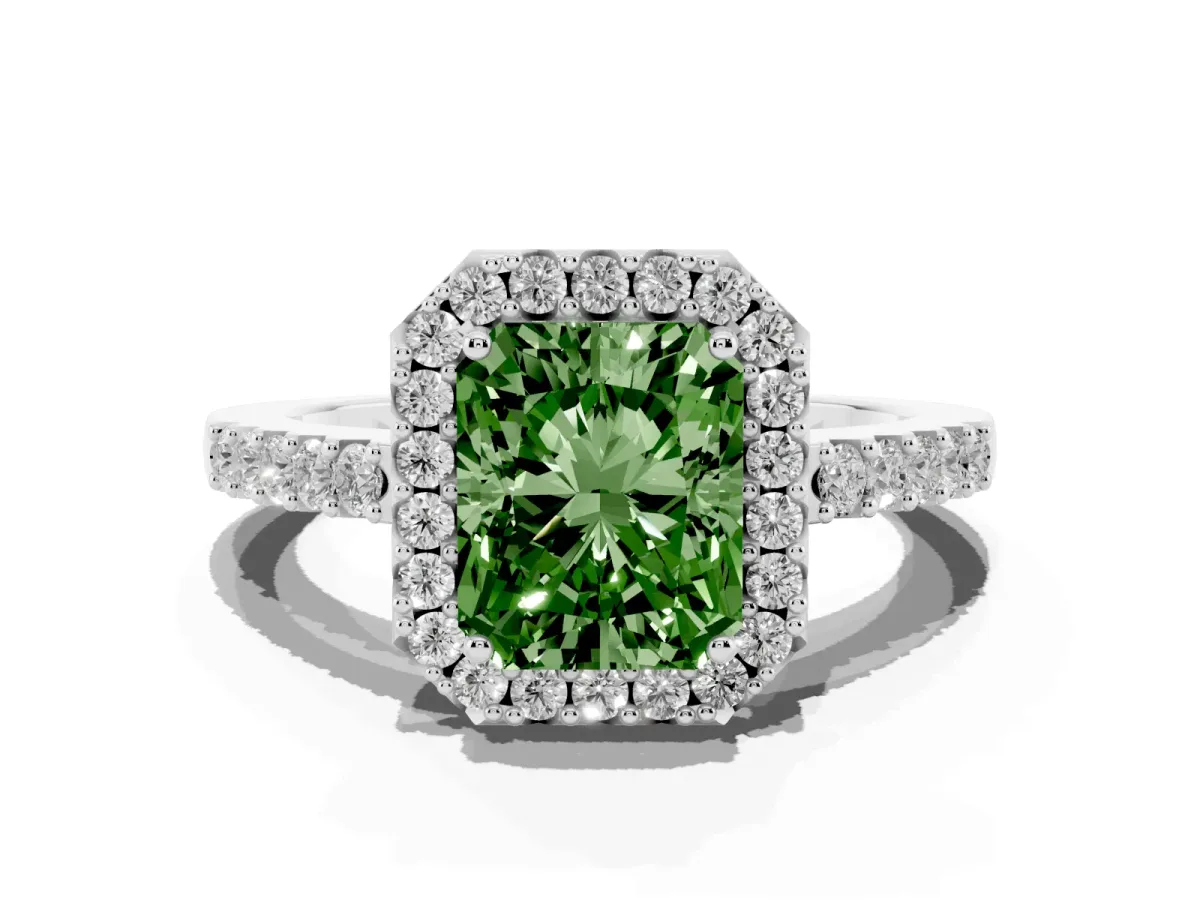 Fancy Green Radiant Cut Halo Diamond Pavé Solitaire Ring Silver