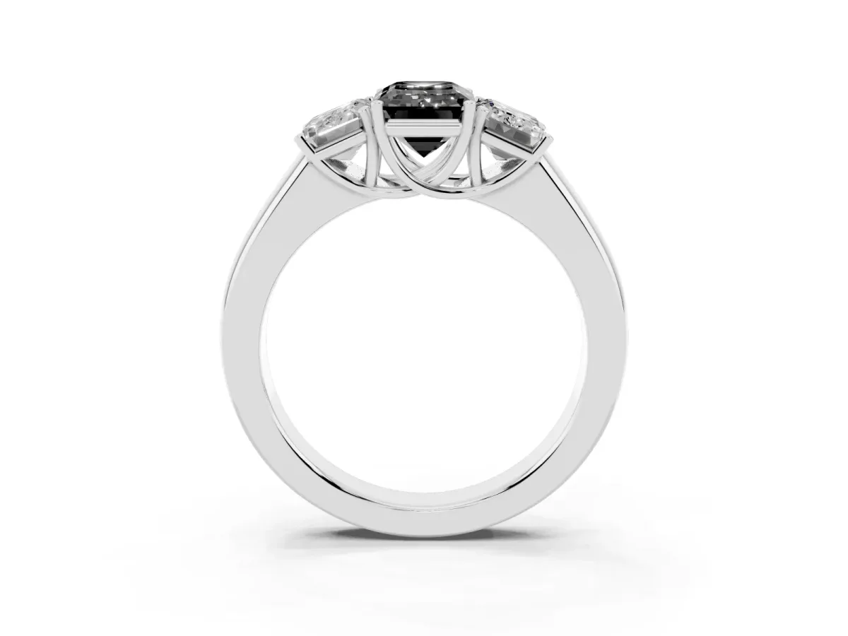 Fancy Black Three-Stone Emerald Cut Cut Diamond Ring with Prong Setting and Classic Band Silver