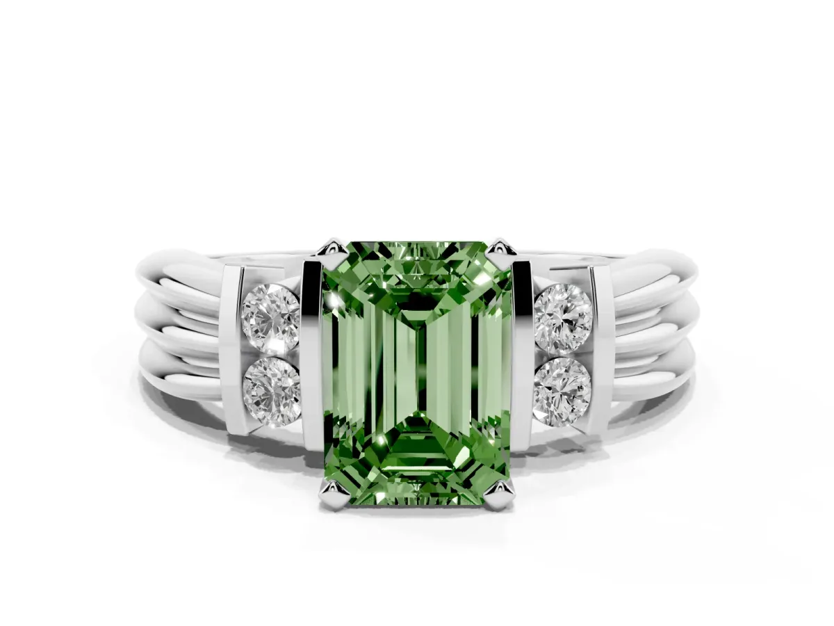 Fancy Green Emerald Cut Cut Three-Stone Channel Set Ring with Bar Prongs Silver