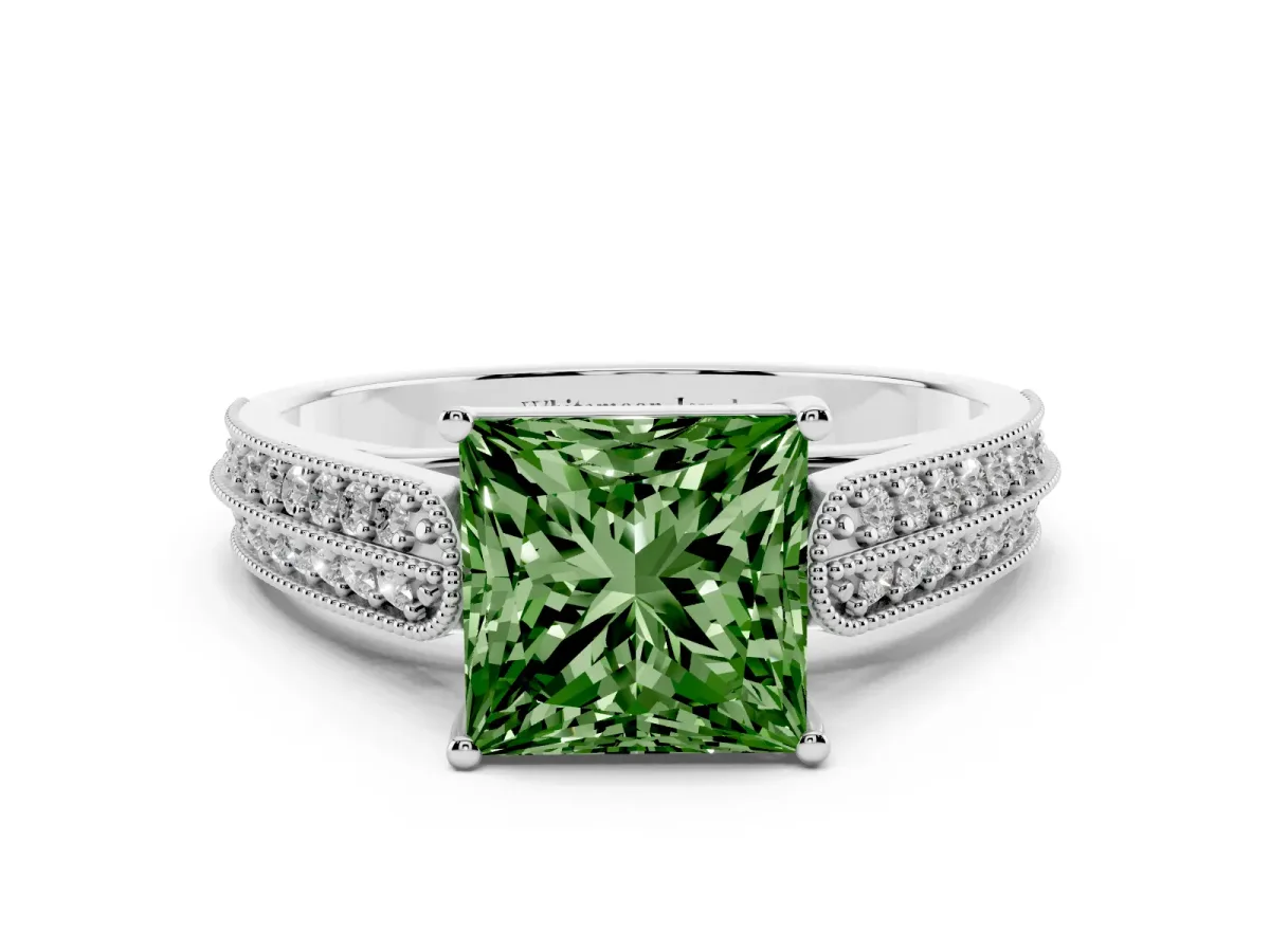 Fancy Green Princess Cut Cut Pave Split Shank Engagement Ring with Four-Prong Setting Silver
