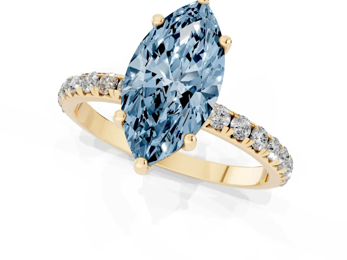 Fancy Blue Marquise Cut Cut Diamond Solitaire Ring with Micro Pave Band and Four Prong Setting Yellow gold