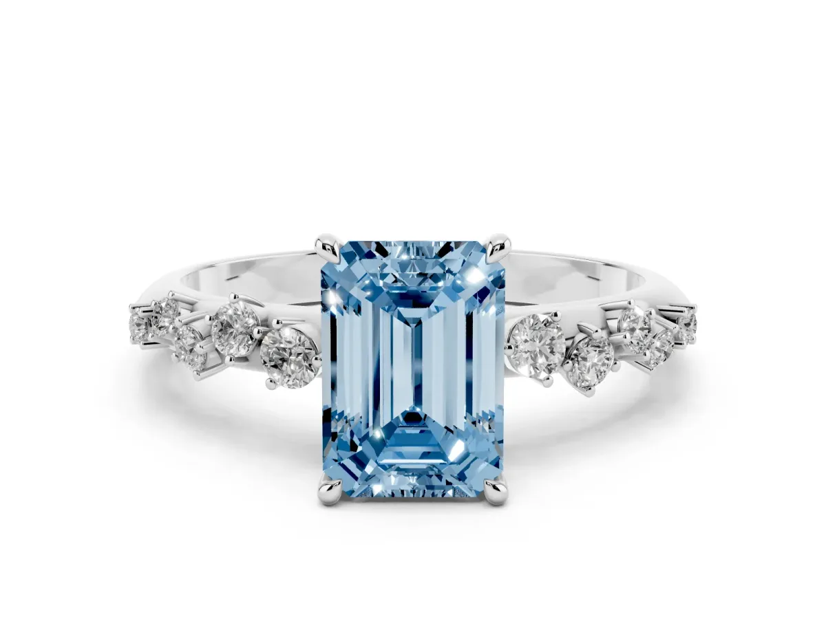 Fancy Blue Emerald Cut Diamond Cluster Side Stone Solitaire Ring with Prong Setting Platinum