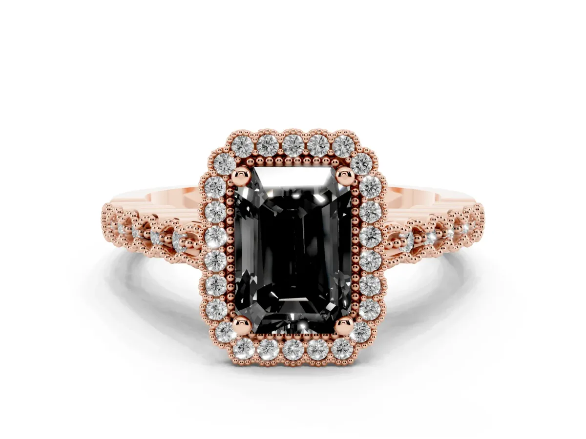Fancy Black Radiant Cut Cut Halo Pavé Solitaire Ring with Milgrain Band Rose gold