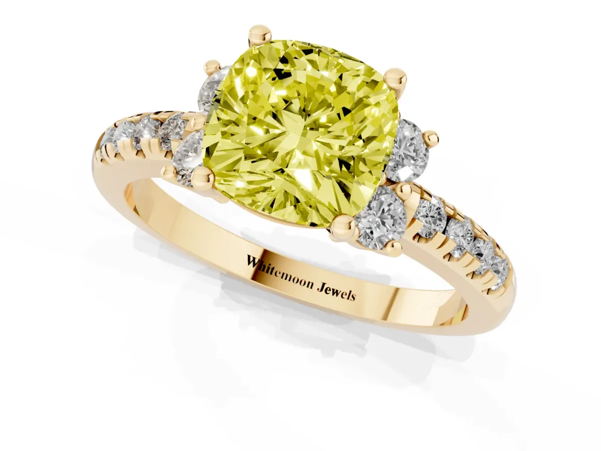 Fancy Yellow Cushion Cut Diamond Three-Stone Pave Band with Four-Prong Setting Yellow gold